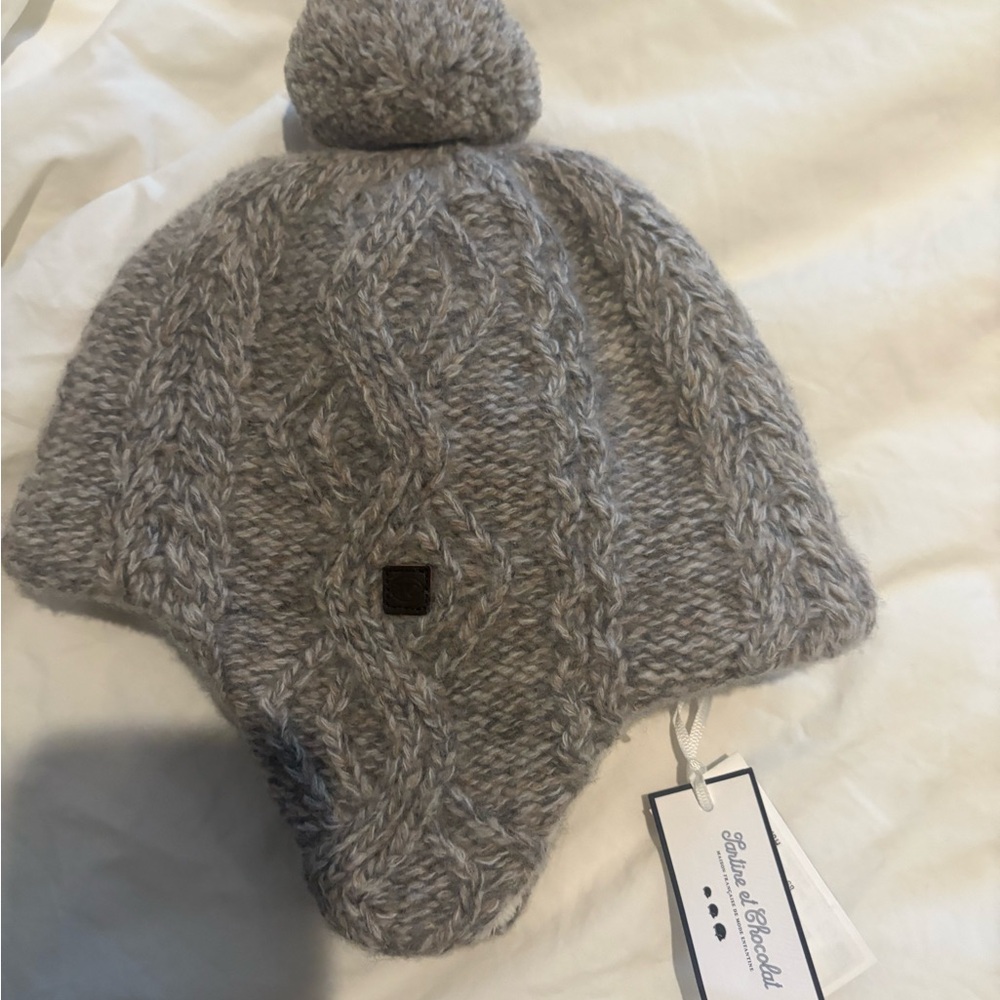 Tartine et Chocolat Gray Cable Knit Kids Hat with Pom Pom